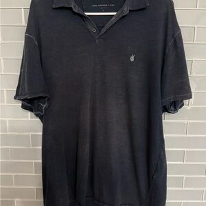John Varvatos USA Peace Sign Polo Shirt Size L Faded Navy Blues Short Sleeve